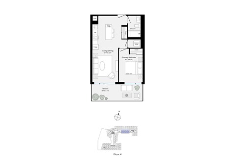 Floor plan for 1 bed, 1 bath, 554 sqft